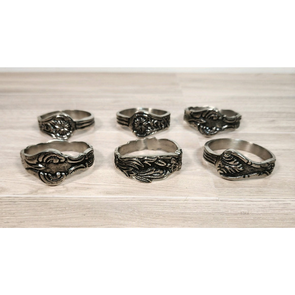 Set of 6 Bent Spoon Metal Napkin Ring Holders Pattern Silverware Handle EUC (25) - Picture 1 of 13